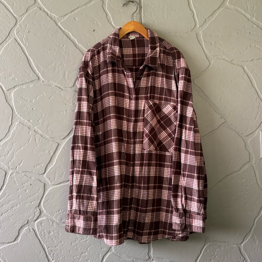 Aerie Pink and Brown Plaid Oversized Button Down Shirt